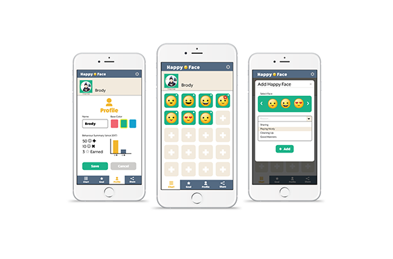screen mockups of happy face app